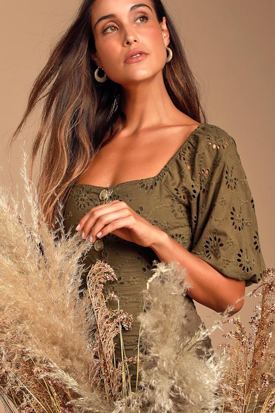 O'Keefe Olive Green Eyelet Lace Off-the-Shoulder Mini Dress 6