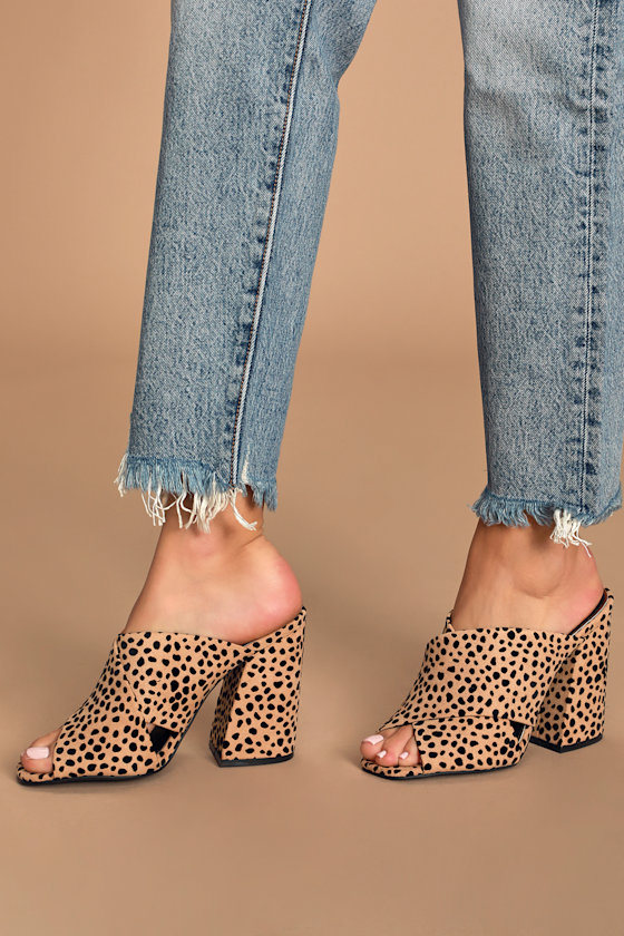 Nuala Tan and Black Leopard Suede Peep-toe Mules 4
