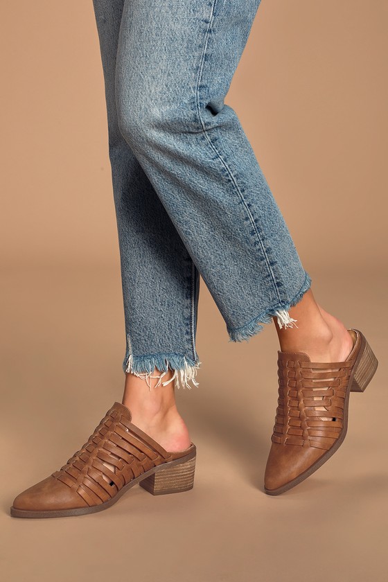 tan woven mules heels