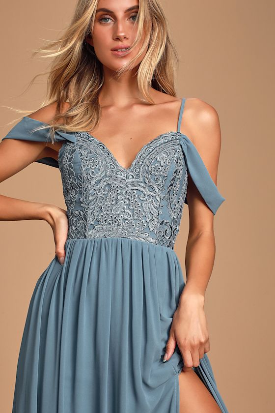 Dancing Darling Slate Blue Cold-Shoulder Maxi Dress 3