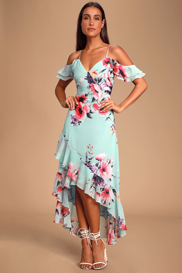blue tie dress Cecilia Off-The-Shoulder Ruffle Formal Dress