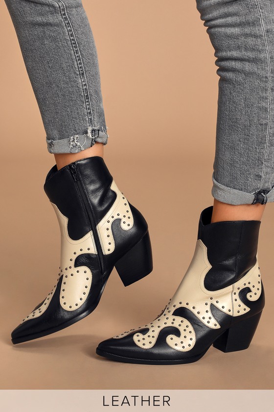 black leather studded booties