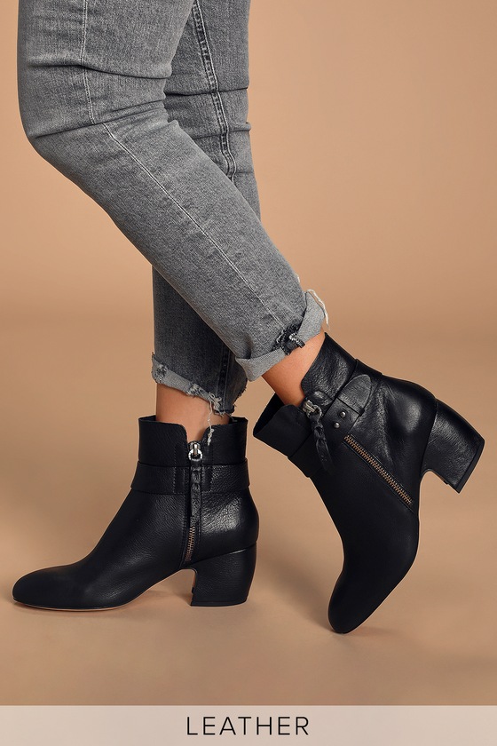 black leather ankle booties with heel