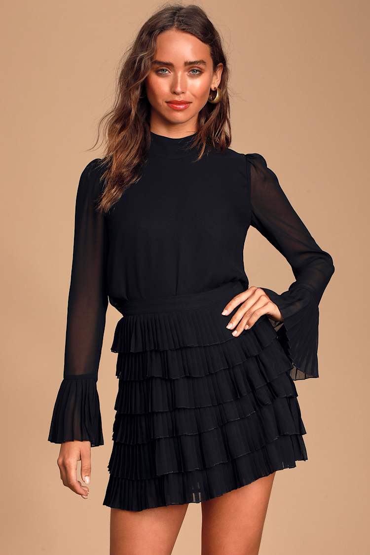 Teddy Black Pleated Chiffon Tiered Mini Skirt