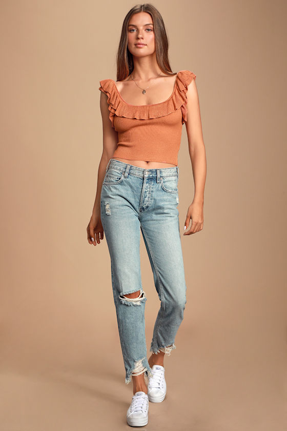 Annisa Terra Cotta Ruffled Ribbed Tank Top 2