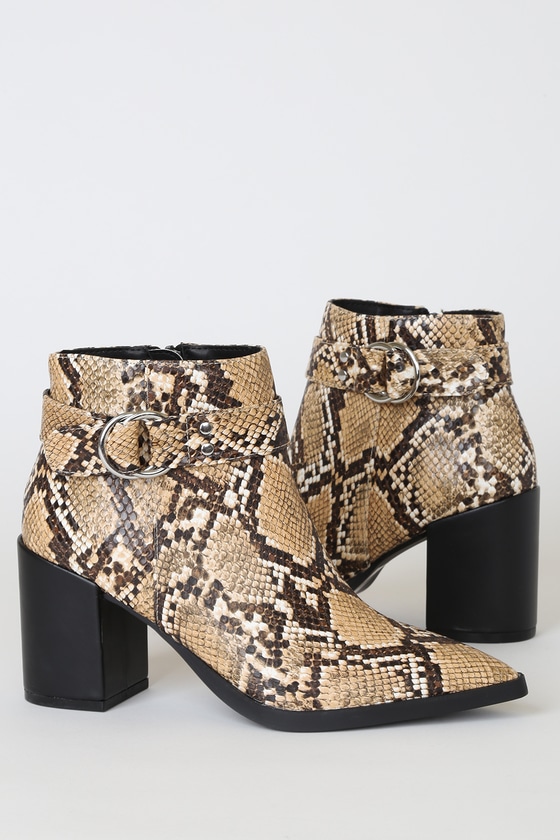 Caitlyn Beige and Brown Snake Pointed-Toe Ankle Booties