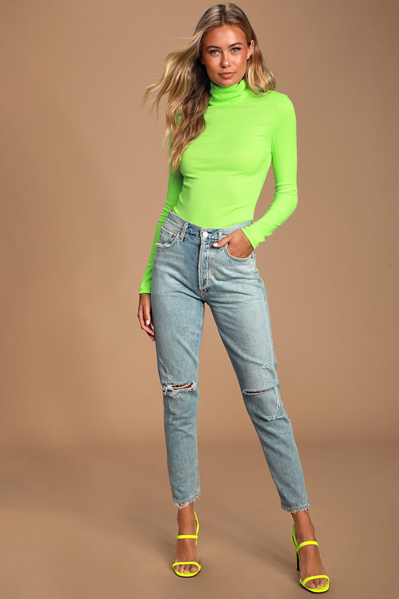 Sherie Neon Green Ribbed Long Sleeve Turtleneck Top 2