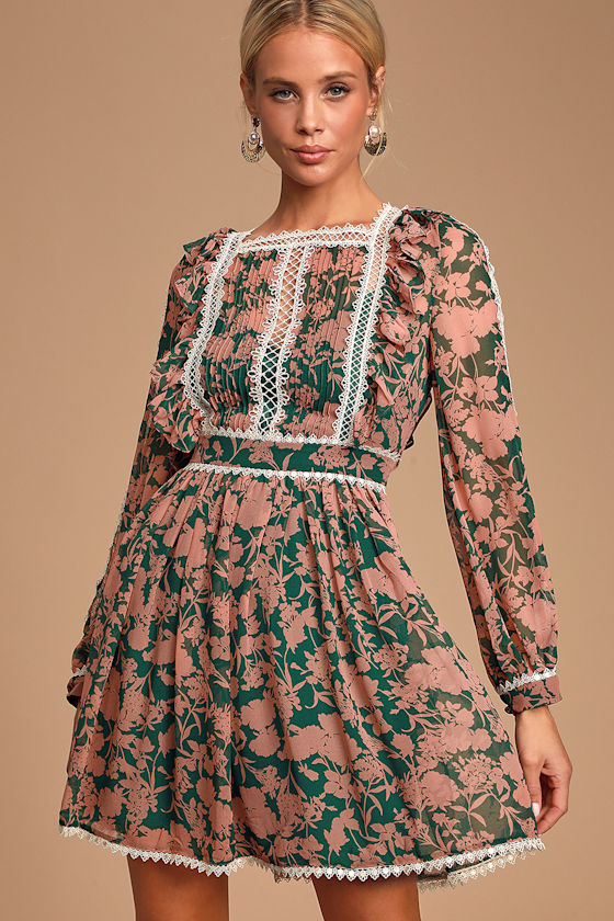 Tatlana Pink and Green Floral Print Long Sleeve Skater Dress 1