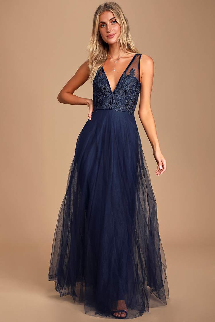 Lovely Navy Blue Dress - Lace Dress - Maxi Dress - Tulle Gown - Lulus