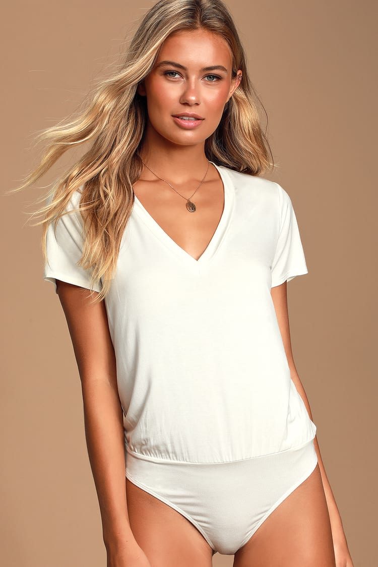 Short Sleeve White Bodysuit - T-Shirt Bodysuit - V-Neck Bodysuit - Lulus