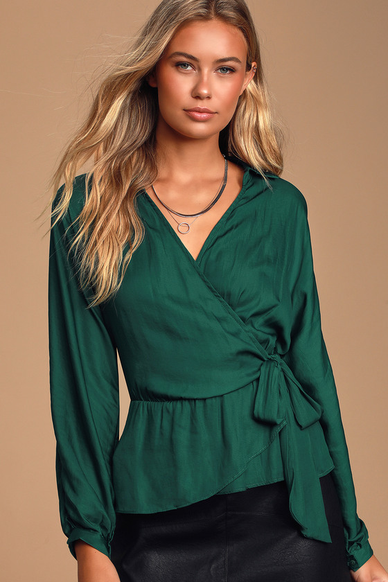 Forest Green Top - Satin Top - Surplice Top - Long Sleeve Top - Lulus