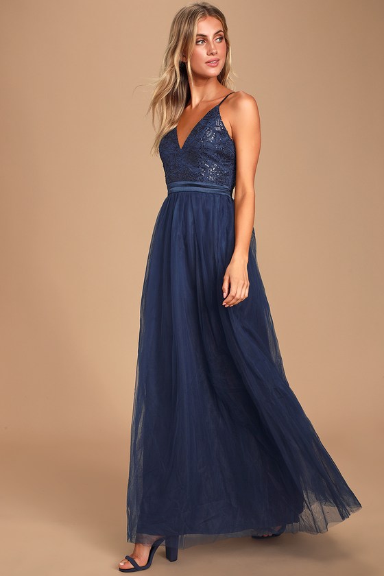 Lovely Navy Blue Maxi Dress - Sequin Dress - Tulle Maxi Dress - Lulus
