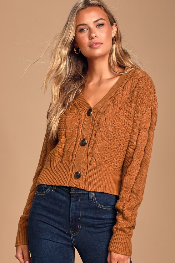 Cozy Time Rust Brown Cable Knit Cropped Cardigan Sweater