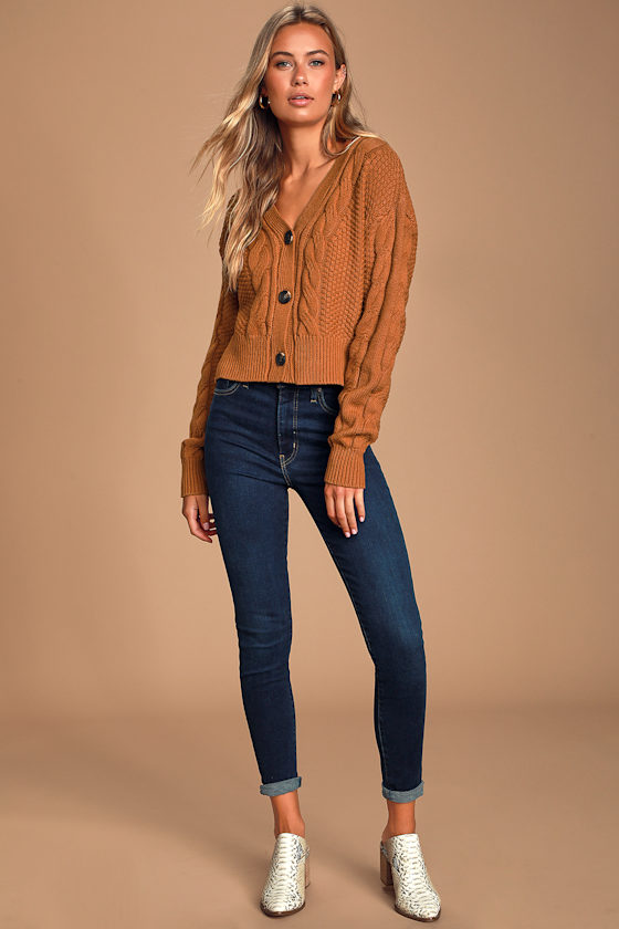 Cozy Time Rust Brown Cable Knit Cropped Cardigan Sweater 1