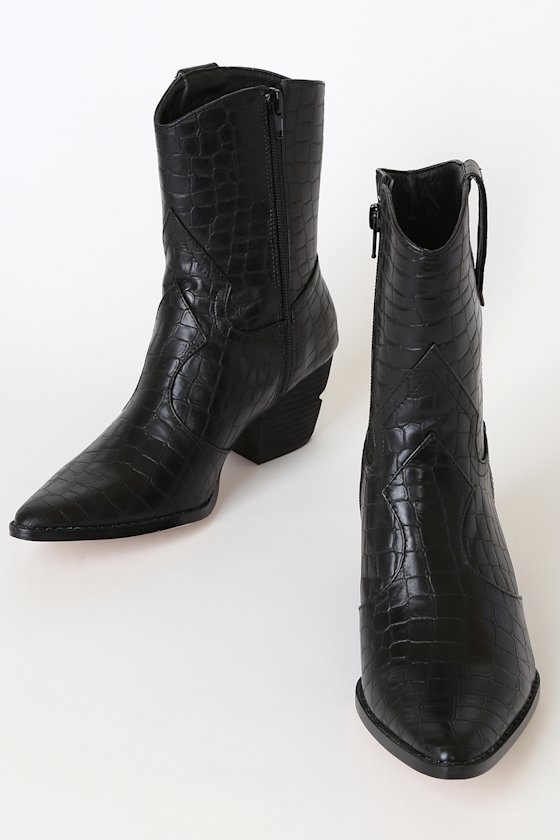 After Dark Black Crocodile Embossed Pointed-Toe Boots 2