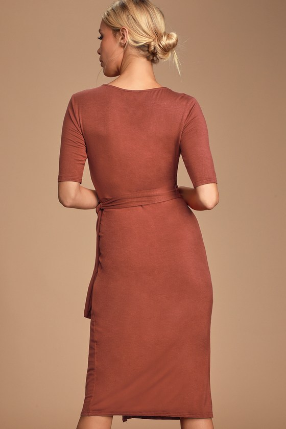 new look midi wrap dress in rust