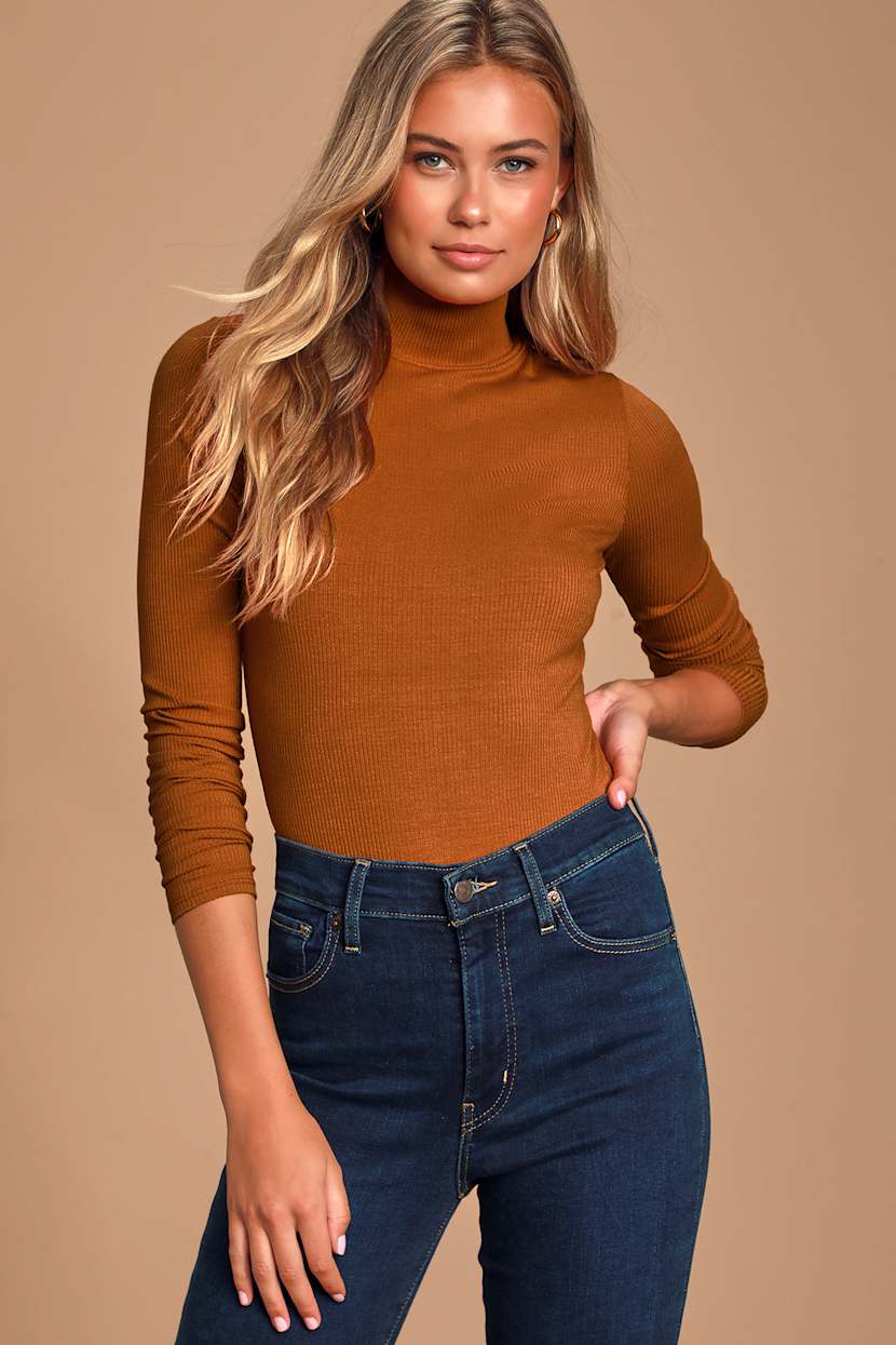 Wilde Rust Orange Ribbed Long Sleeve Mock Neck Bodysuit