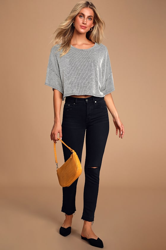 Zola Black and White Striped Cropped Tee 2