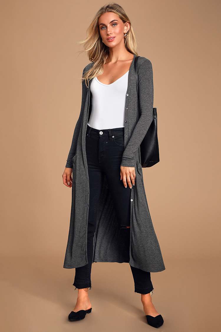 Charcoal Cardigan Sweater - Longline Cardigan - Ribbed Duster - Lulus