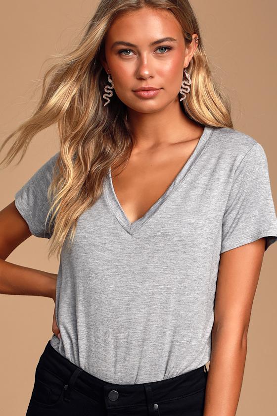 Grey Bodysuit Short Sleeve TShirt Bodysuit VNeck Bodysuit Lulus