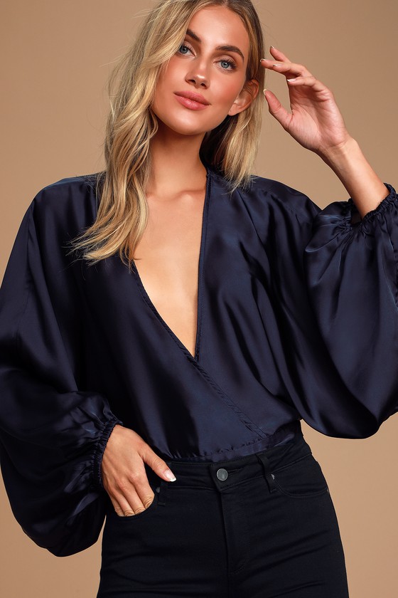 Free People Midnight Vibes - Navy Blue Top - Satin Surplice Top - Lulus