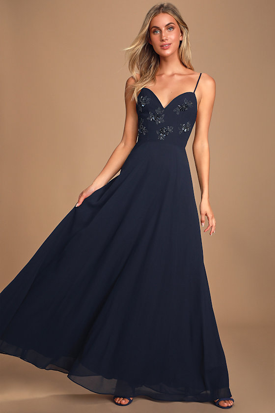 Sweet Romance Navy Blue Sequin Backless Maxi Dress