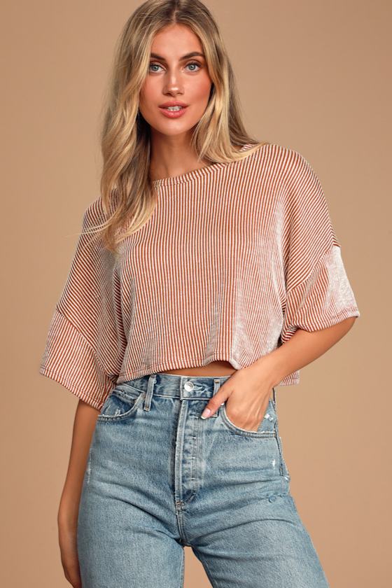 Rust Orange and White Striped Tee - Cropped Tee - Crop Top - Tee