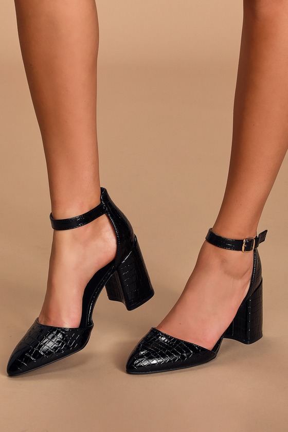 Black Crocodile Heels - Ankle Strap Heels - Block Heels - Lulus