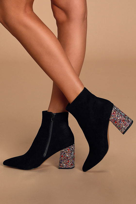 Kassie Black Suede Rhinestone Pointed-Toe Ankle Boots 4