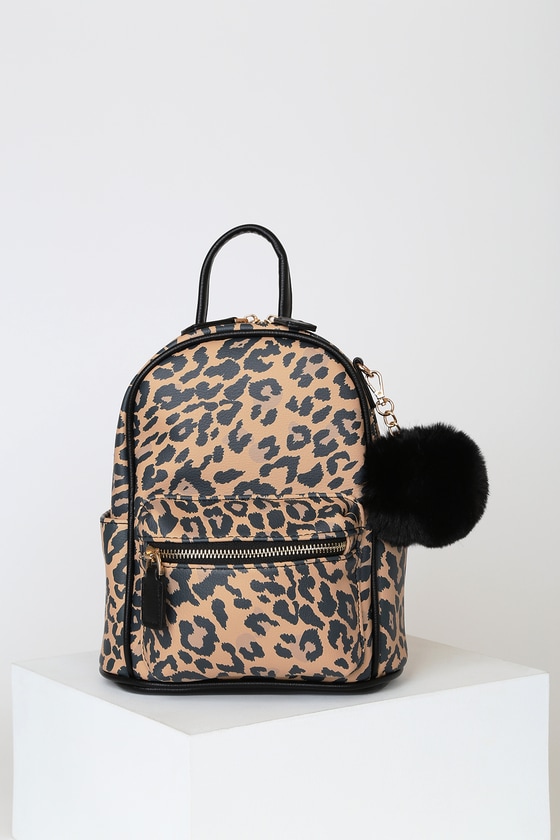 Cute Leopard Print Backpack - Mini Backpack - Pompom Backpack