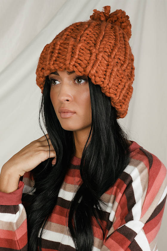 Warm Feelings Rust Orange Chunky Knit Pom Pom Beanie 1
