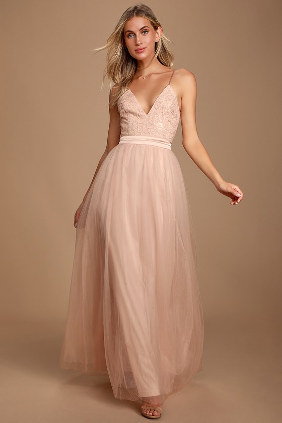 Lovely Blush Maxi Dress - Sequin Dress - Tulle Maxi Dress - Gown - Lulus