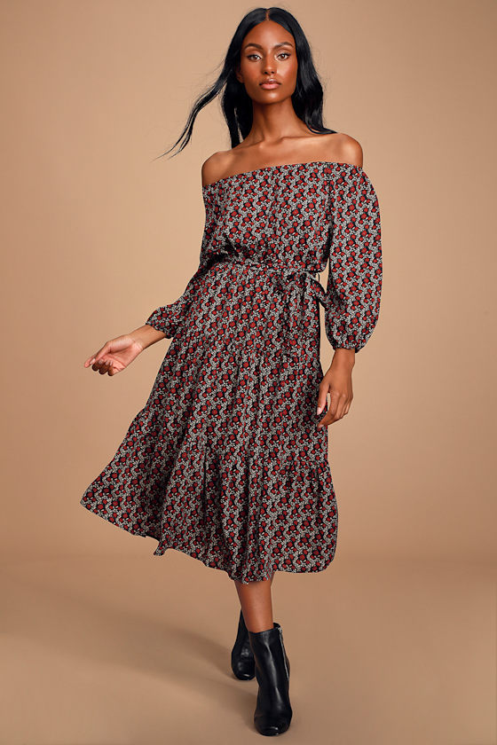Abigayle Black and Red Floral Print Tiered Midi Dress 1
