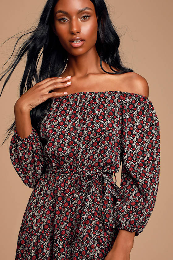 Abigayle Black and Red Floral Print Tiered Midi Dress 2