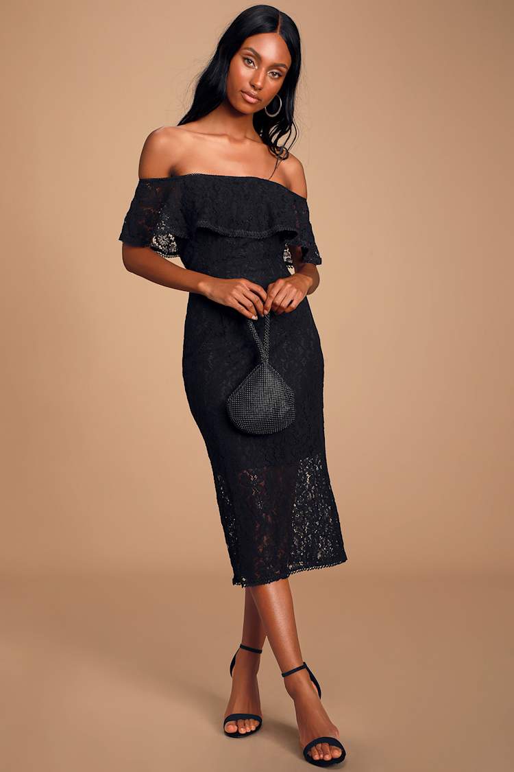 Black Lace Midi Dress - Off-The-Shoulder Dress - Bodycon Dress