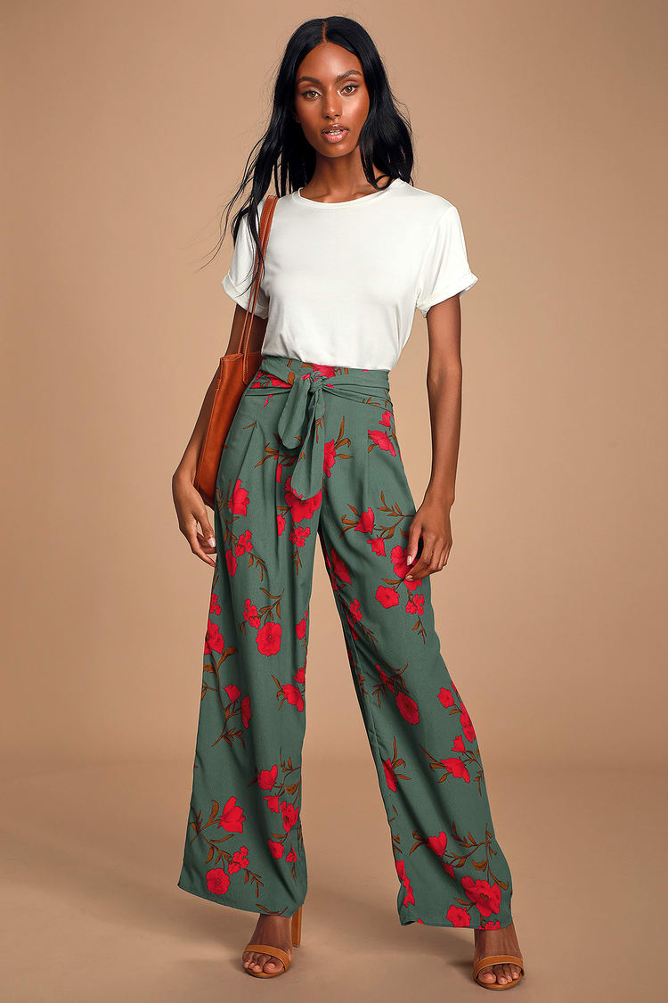 Breonna Teal Floral Print Tie-Front Wide-Leg Pants