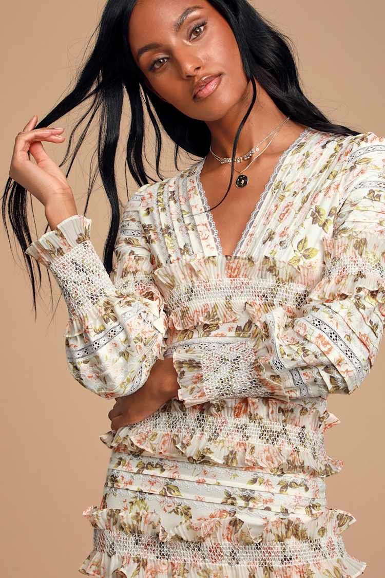 Flora Cream Floral Print Ruffled Long Sleeve Bodycon Mini Dress