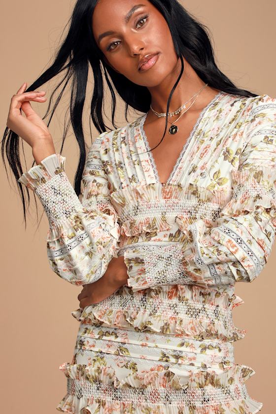 Flora Cream Floral Print Ruffled Long Sleeve Bodycon Mini Dress 5