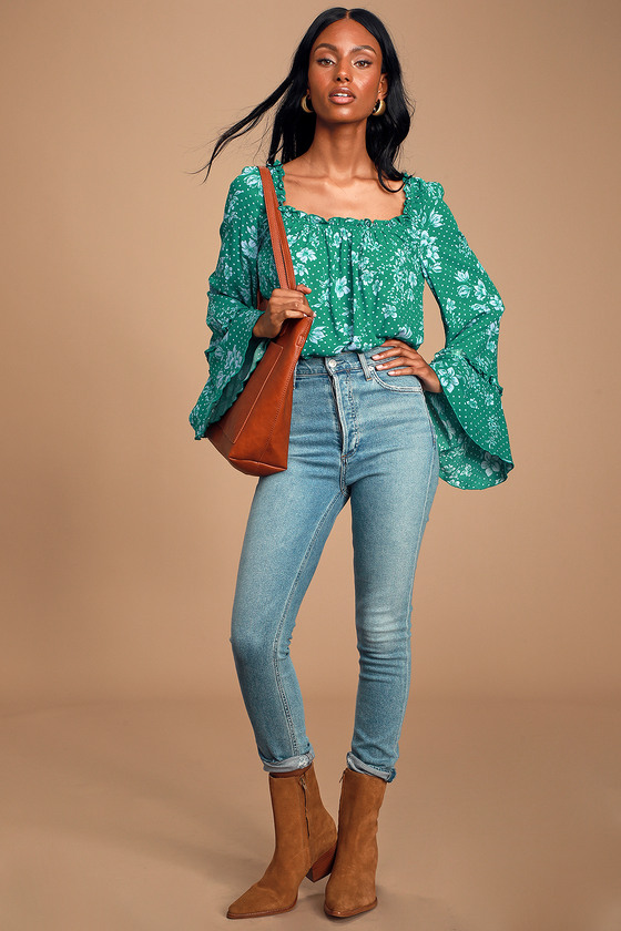 One On One Date Green Floral Print Long Sleeve Bodysuit