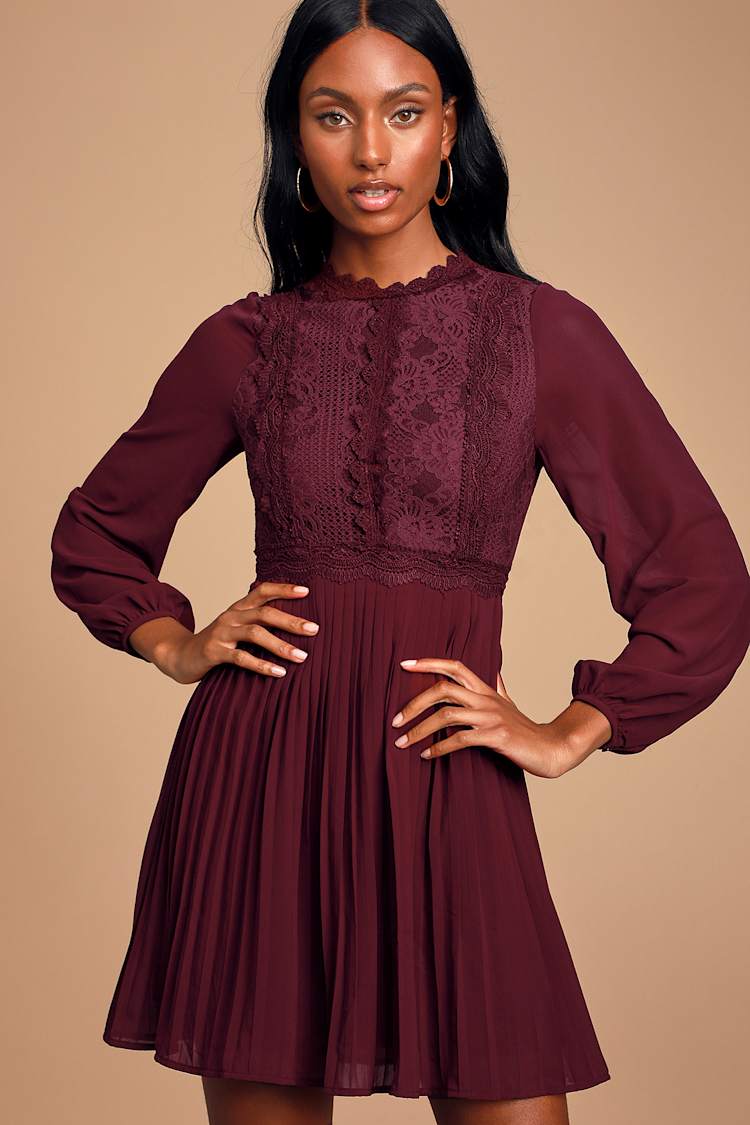 Charlisa Burgundy Lace Long Sleeve Skater Dress Charlisa Burgundy Lace Long Sleeve Skater Dress