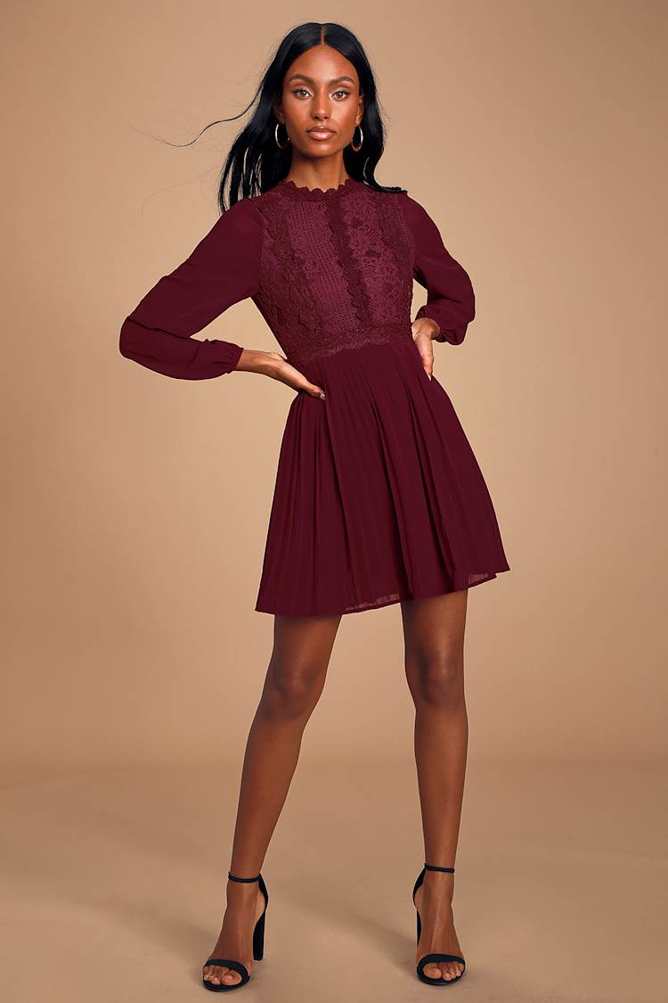 burgundy lace skater dress Burgundy Dress - Lace Long Sleeve Dress - Lace Skater Dress