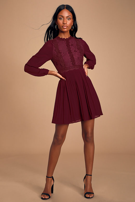 Charlisa Burgundy Lace Long Sleeve Skater Dress 4