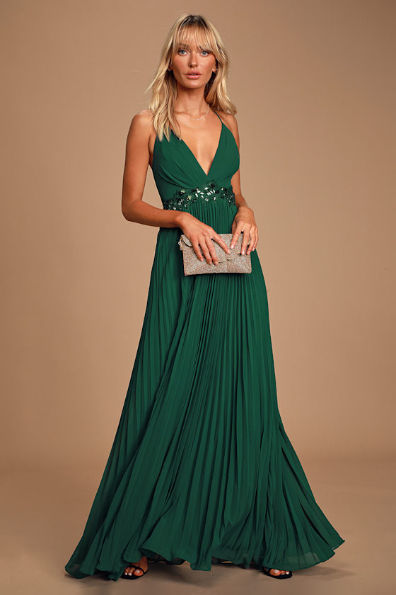 Glam Green Dress Pleated Maxi Dress Embellished Maxi Dress Lulus