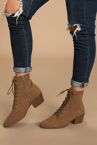 Cute Brown Booties Lace-Up Booties Suede Booties Boots Lulus