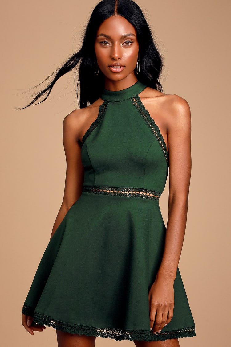 Reach Out My Hand Hunter Green Lace Skater Dress