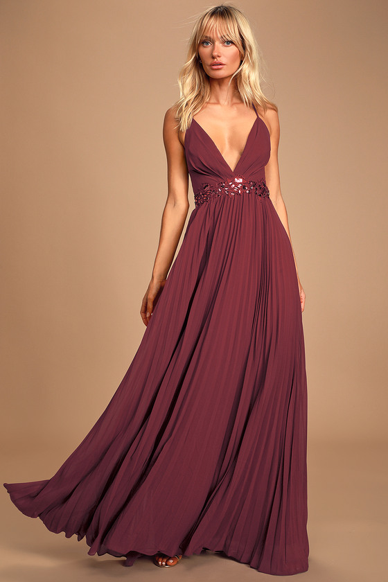 Glam Burgundy Dress - Pleated Maxi Dress - Embellished Maxi Dress - Lulus