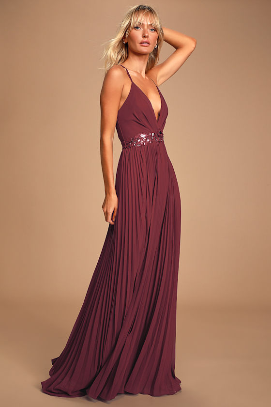 Loving You Forever Burgundy Sequin Lace Pleated Maxi Dress