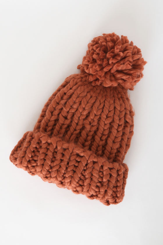 Warm Feelings Rust Orange Chunky Knit Pom Pom Beanie 2