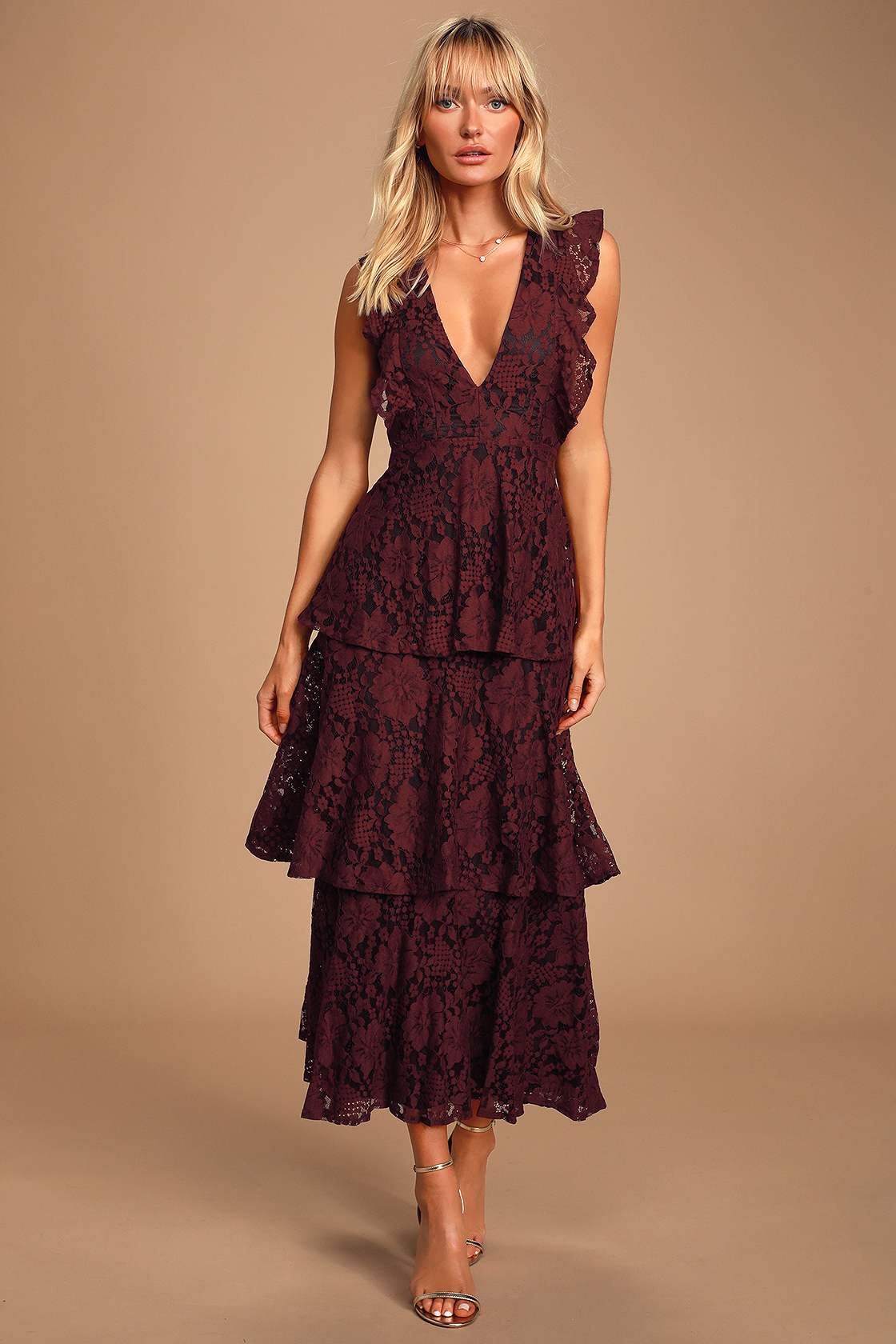 Molinetto Burgundy Lace Ruffled Tiered Sleeveless Maxi Dress