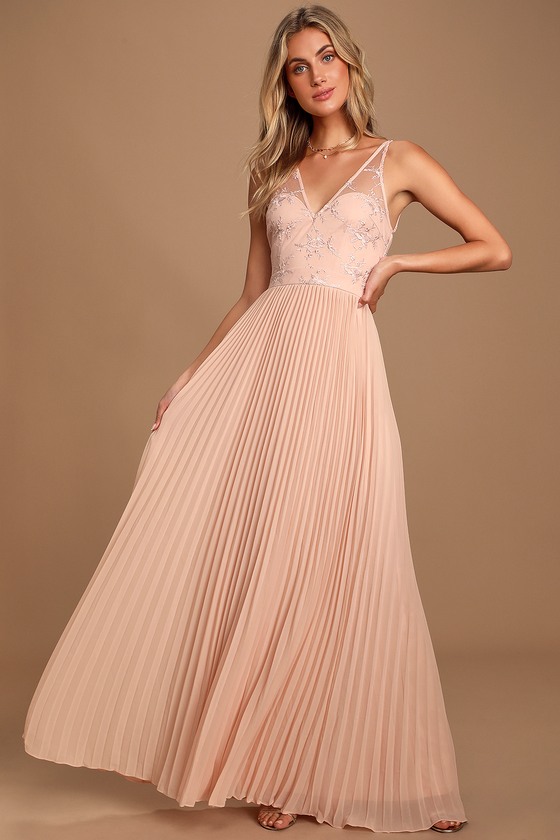 Lovely Blush Pink Dress - Pleated Maxi Dress - Lace Dress - Lulus